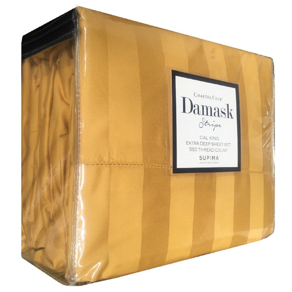 SAFFRON YELLOW Charter Club Damask Stripe 550TC Cotton CAL KING X-Deep Sheet Set